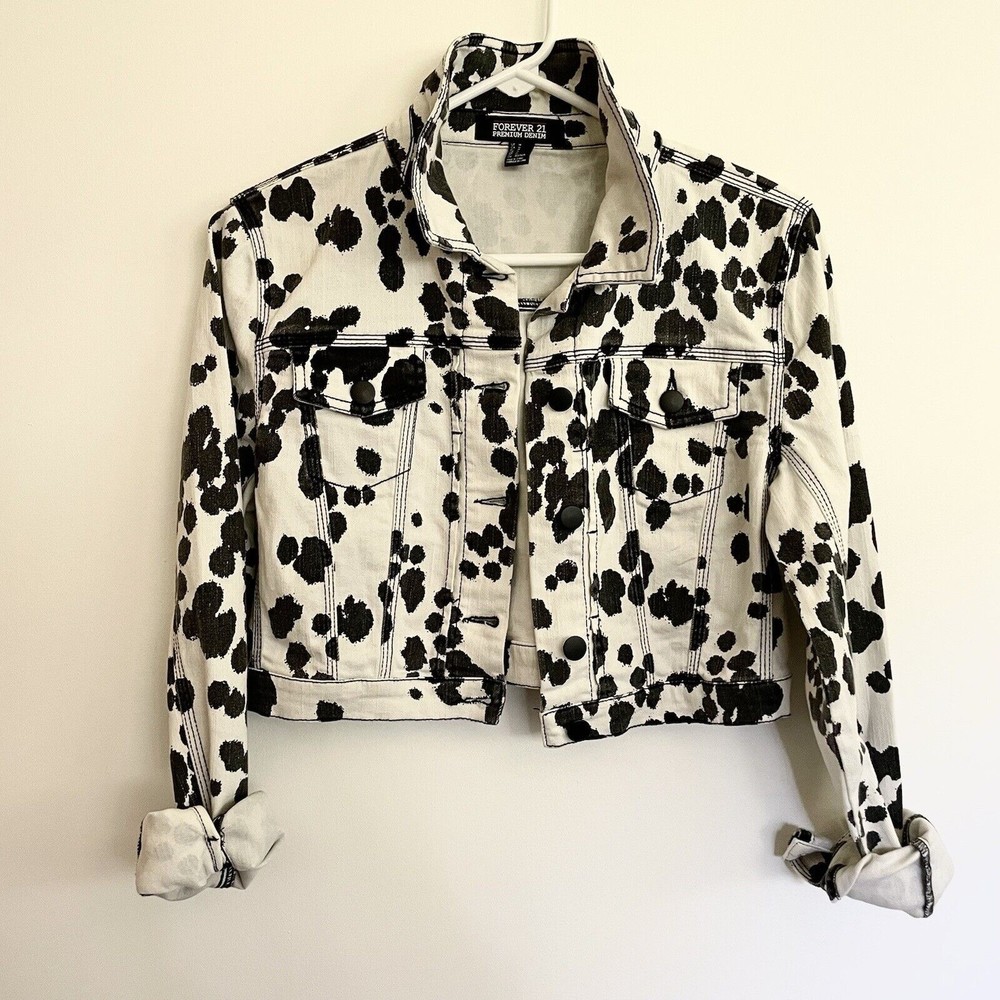 Dalmatian Print Cropped Denim Jacket Black and White Cruella-esque Size M
